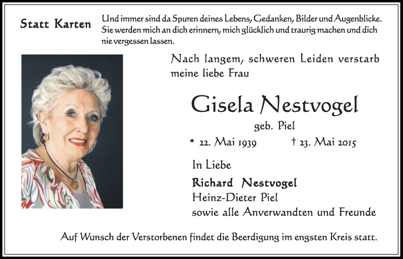  Traueranzeige für Gisela Nestvogel vom 03.06.2015 aus  Schlossbote/Werbekurier 