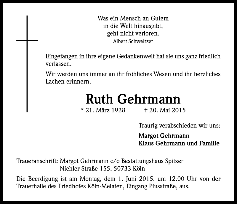  Traueranzeige für Ruth Gehrmann vom 23.05.2015 aus Kölner Stadt-Anzeiger / Kölnische Rundschau / Express