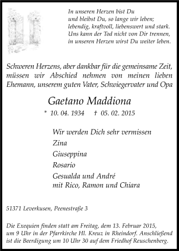 Anzeige von Gaetano Maddiona von Kölner Stadt-Anzeiger / Kölnische Rundschau / Express