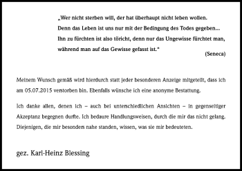 Anzeige von Karl-Heinz Blessing von Kölner Stadt-Anzeiger / Kölnische Rundschau / Express