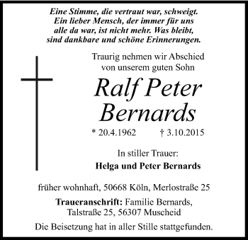Anzeige von Ralf Peter  Bernards von Kölner Stadt-Anzeiger / Kölnische Rundschau / Express