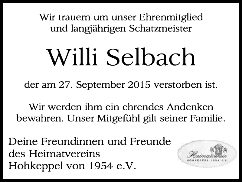  Traueranzeige für Willi Selbach vom 14.10.2015 aus Kölner Stadt-Anzeiger / Kölnische Rundschau / Express