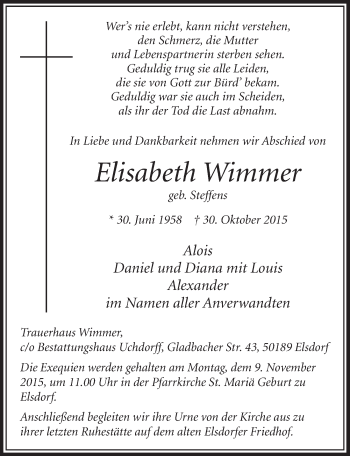 Anzeige von Elisabeth Wimmer von  Sonntags-Post 