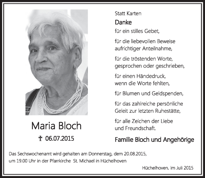  Traueranzeige für Maria Bloch vom 25.07.2015 aus  Sonntags-Post 