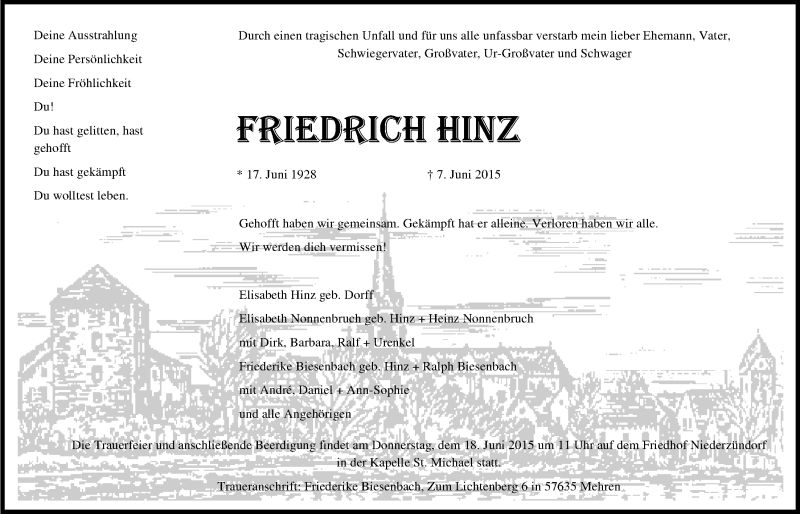  Traueranzeige für Friedrich Hinz vom 17.06.2015 aus  Kölner Wochenspiegel 