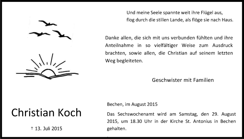  Traueranzeige für Christian Koch vom 22.08.2015 aus Kölner Stadt-Anzeiger / Kölnische Rundschau / Express