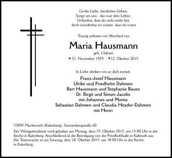 Anzeige von Maria Hausmann von Kölner Stadt-Anzeiger / Kölnische Rundschau / Express