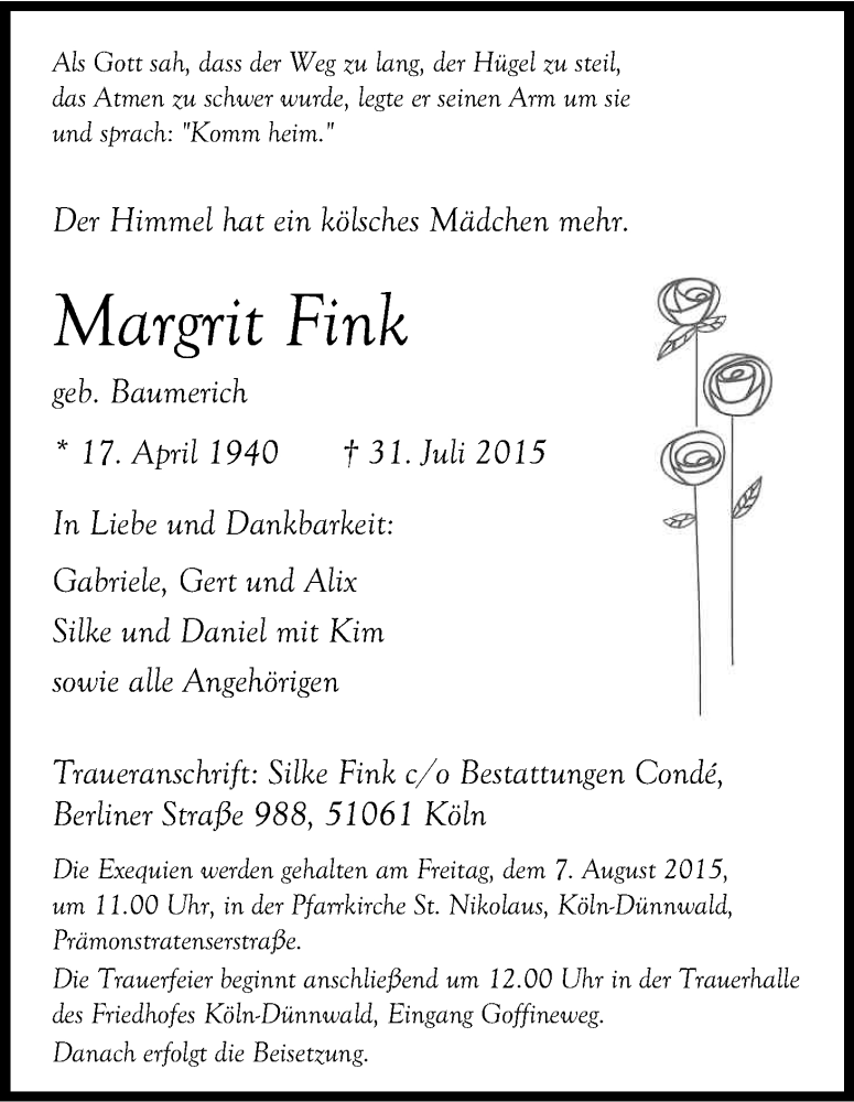  Traueranzeige für Margrit Fink vom 05.08.2015 aus Kölner Stadt-Anzeiger / Kölnische Rundschau / Express