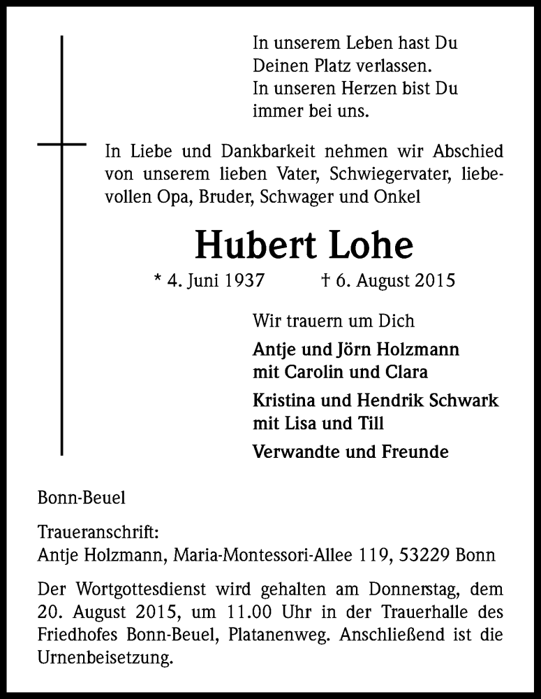  Traueranzeige für Hubert Lohe vom 15.08.2015 aus Kölner Stadt-Anzeiger / Kölnische Rundschau / Express