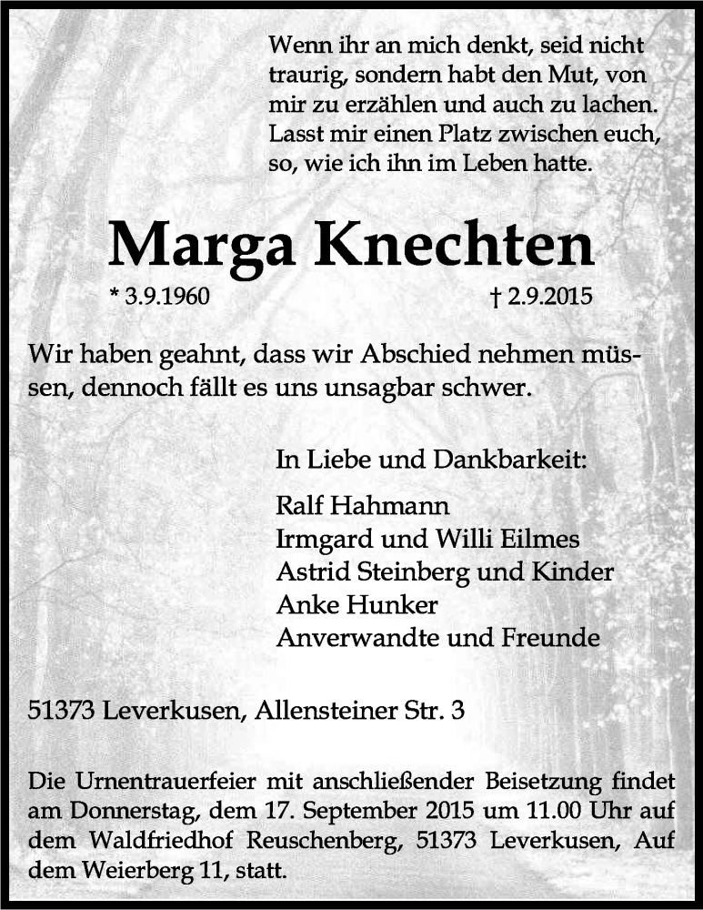  Traueranzeige für Marga Knechten vom 09.09.2015 aus Kölner Stadt-Anzeiger / Kölnische Rundschau / Express