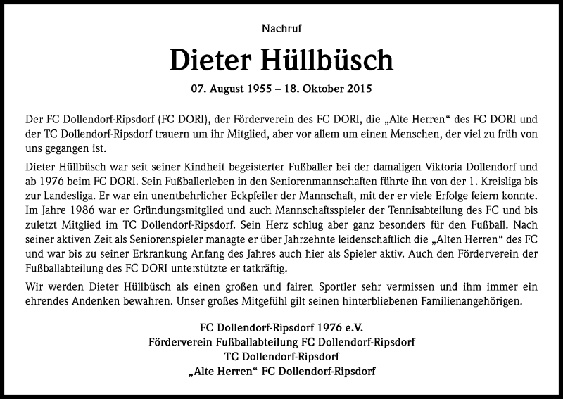  Traueranzeige für Dieter Hüllbüsch vom 21.10.2015 aus Kölner Stadt-Anzeiger / Kölnische Rundschau / Express