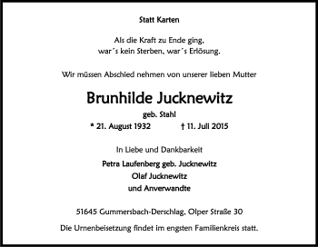 Anzeige von Brunhilde Jucknewitz von Kölner Stadt-Anzeiger / Kölnische Rundschau / Express