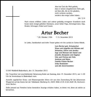 Anzeige von Artur Becher von Kölner Stadt-Anzeiger / Kölnische Rundschau / Express