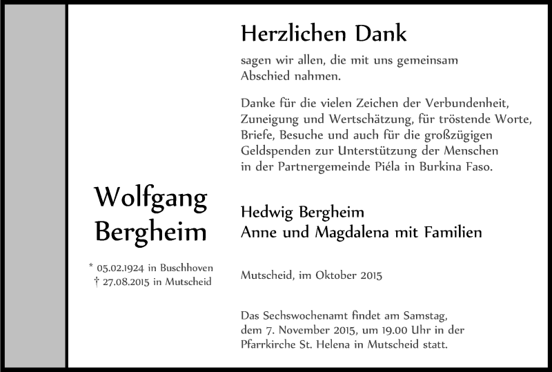  Traueranzeige für Wolfgang Bergheim vom 24.10.2015 aus Kölner Stadt-Anzeiger / Kölnische Rundschau / Express