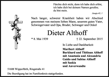 Anzeige von Dieter Althoff von Kölner Stadt-Anzeiger / Kölnische Rundschau / Express