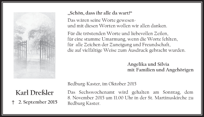  Traueranzeige für Karl Dreßler vom 28.10.2015 aus  Werbepost 