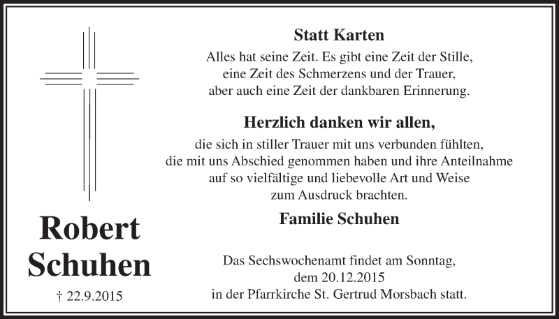  Traueranzeige für Robert Schuhen vom 04.11.2015 aus  Lokalanzeiger 