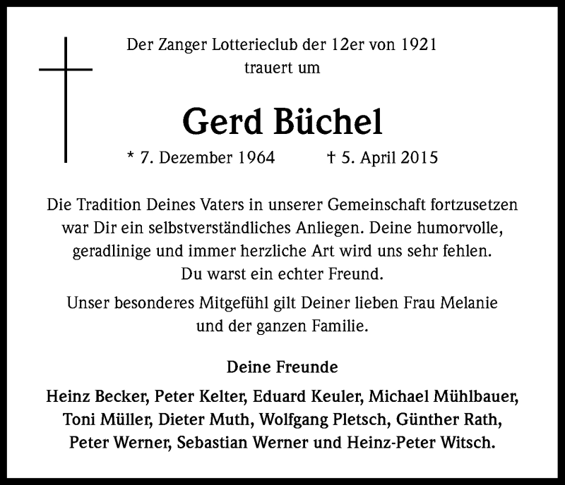  Traueranzeige für Gerd Büchel vom 11.04.2015 aus Kölner Stadt-Anzeiger / Kölnische Rundschau / Express