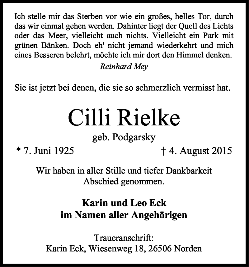  Traueranzeige für Cilli Rielke vom 15.08.2015 aus Kölner Stadt-Anzeiger / Kölnische Rundschau / Express