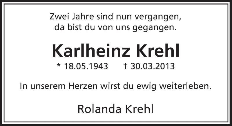  Traueranzeige für Karlheinz Krehl vom 28.03.2015 aus  Sonntags-Post 