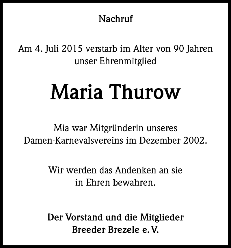  Traueranzeige für Maria Thurow vom 11.07.2015 aus Kölner Stadt-Anzeiger / Kölnische Rundschau / Express