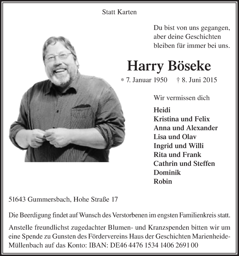  Traueranzeige für Harry Böseke vom 17.06.2015 aus  Anzeigen Echo 