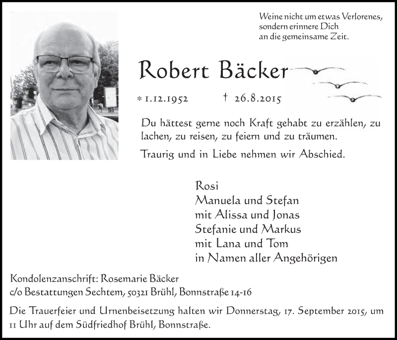  Traueranzeige für Robert Bäcker vom 16.09.2015 aus  Schlossbote/Werbekurier 