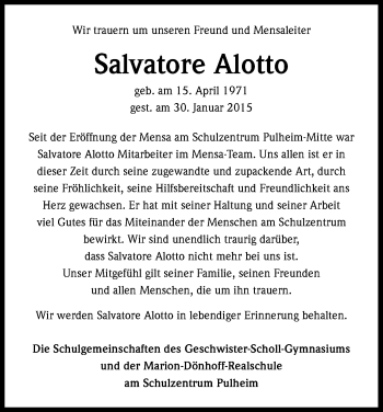 Anzeige von Salvatore Alotto von Kölner Stadt-Anzeiger / Kölnische Rundschau / Express