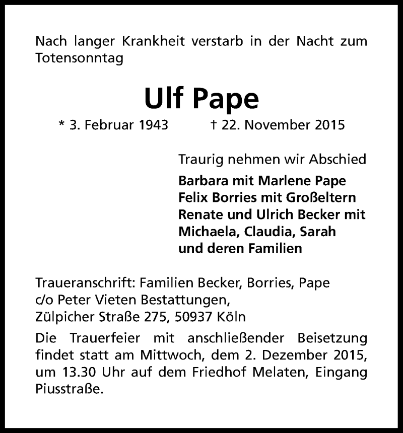  Traueranzeige für Ulf Pape vom 28.11.2015 aus Kölner Stadt-Anzeiger / Kölnische Rundschau / Express