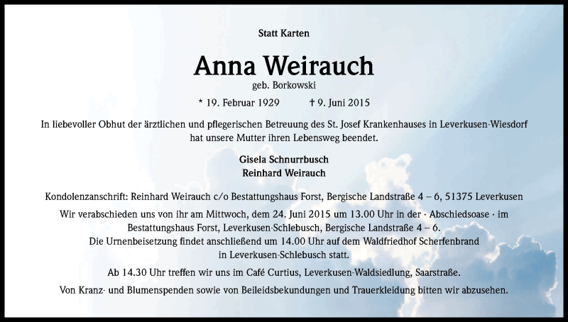  Traueranzeige für Anna Weirauch vom 22.06.2015 aus Kölner Stadt-Anzeiger / Kölnische Rundschau / Express