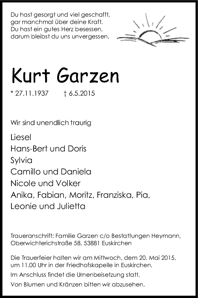  Traueranzeige für Kurt Garzen vom 16.05.2015 aus Kölner Stadt-Anzeiger / Kölnische Rundschau / Express