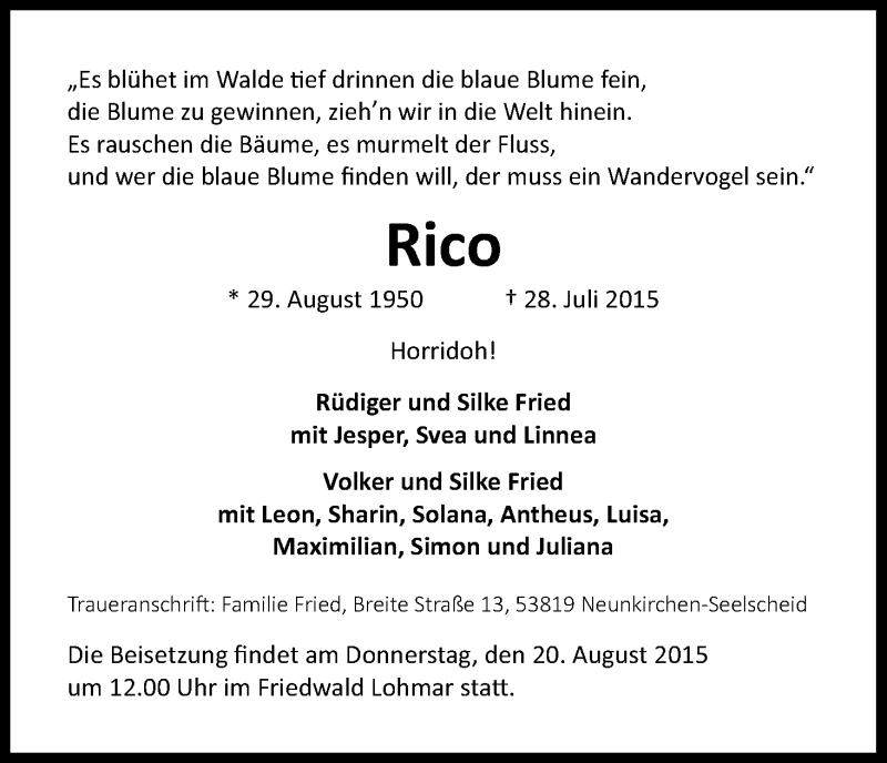  Traueranzeige für Rico  vom 15.08.2015 aus Kölner Stadt-Anzeiger / Kölnische Rundschau / Express