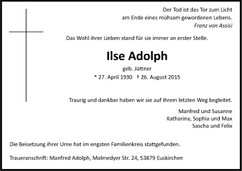 Anzeige von Ilse Adolph von Kölner Stadt-Anzeiger / Kölnische Rundschau / Express