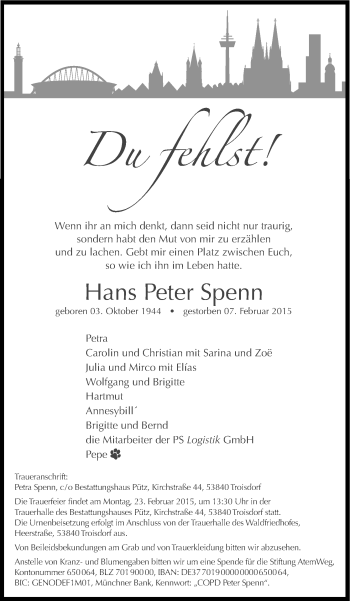 Anzeige von Hans Peter Spenn von Kölner Stadt-Anzeiger / Kölnische Rundschau / Express