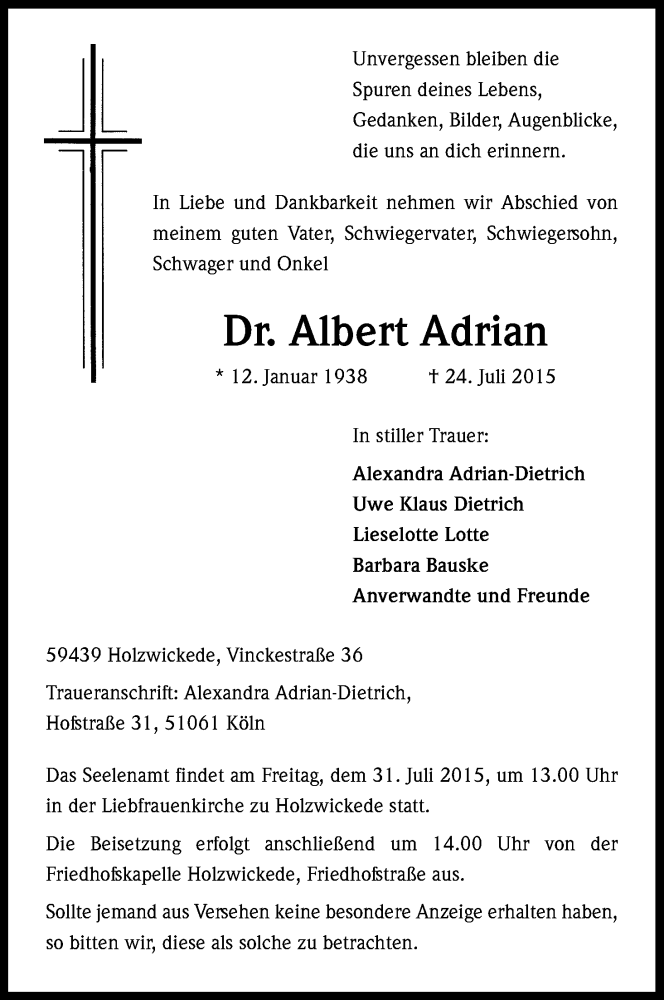  Traueranzeige für Albert Adrian vom 28.07.2015 aus Kölner Stadt-Anzeiger / Kölnische Rundschau / Express