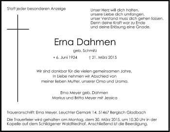 Anzeige von Erna Dahmen von Kölner Stadt-Anzeiger / Kölnische Rundschau / Express