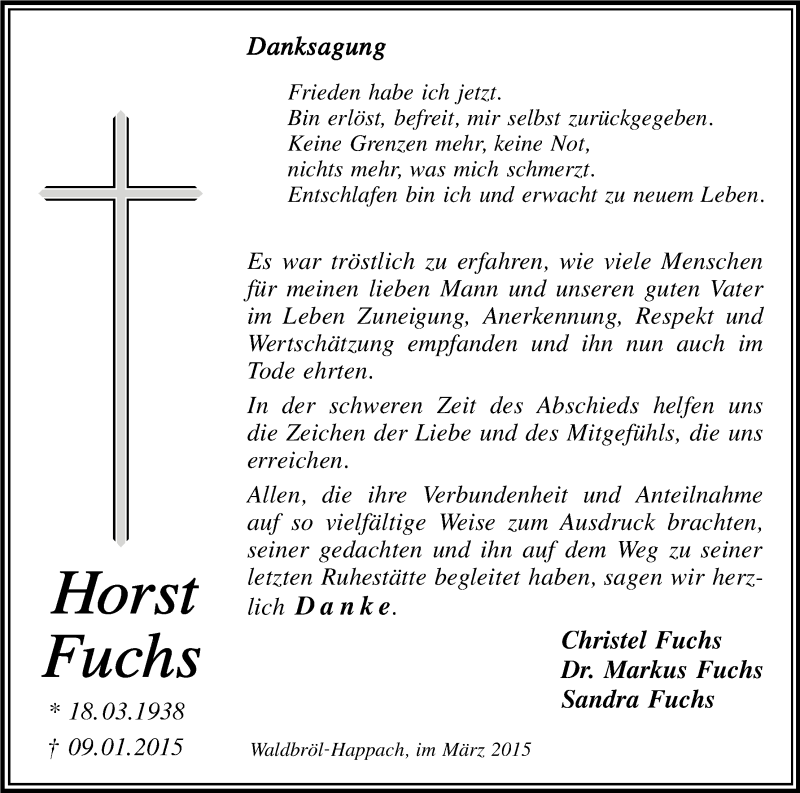  Traueranzeige für Horst Fuchs vom 18.03.2015 aus Kölner Stadt-Anzeiger / Kölnische Rundschau / Express