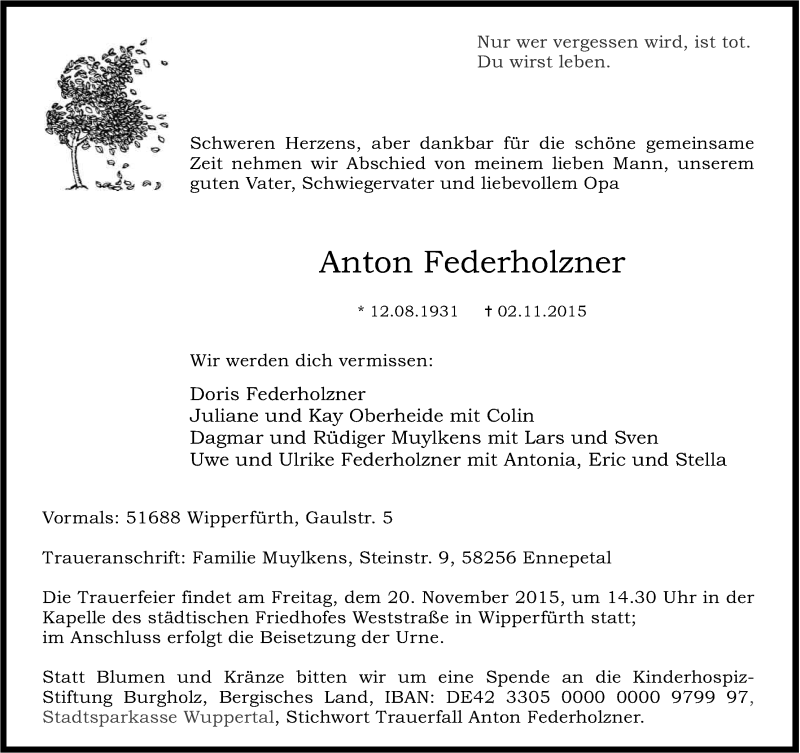 Traueranzeige für Anton Federholzner vom 14.11.2015 aus Köln - Wir Trauern