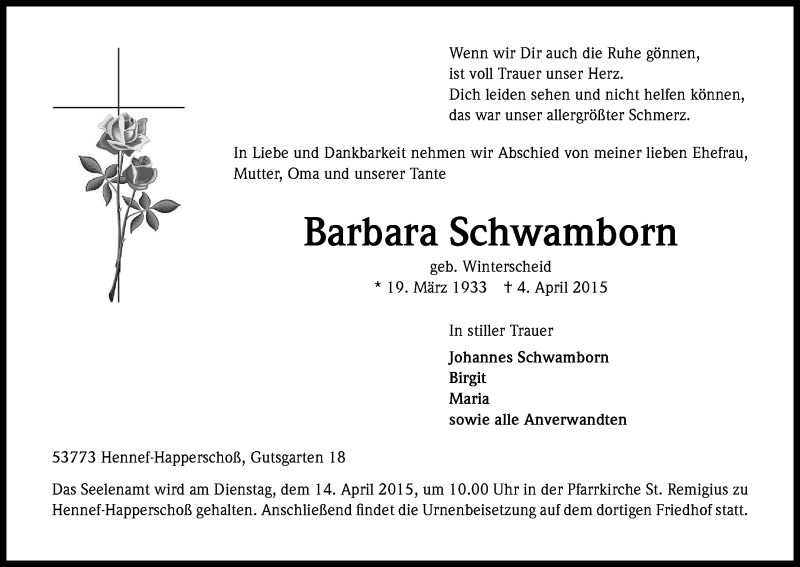  Traueranzeige für Barbara Schwamborn vom 11.04.2015 aus Kölner Stadt-Anzeiger / Kölnische Rundschau / Express