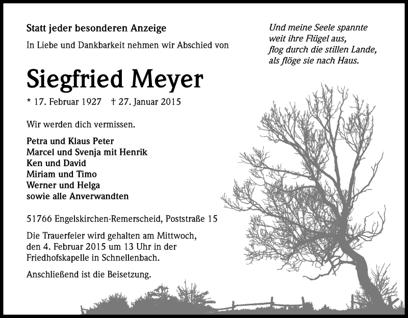  Traueranzeige für Siegfried Meyer vom 30.01.2015 aus Kölner Stadt-Anzeiger / Kölnische Rundschau / Express