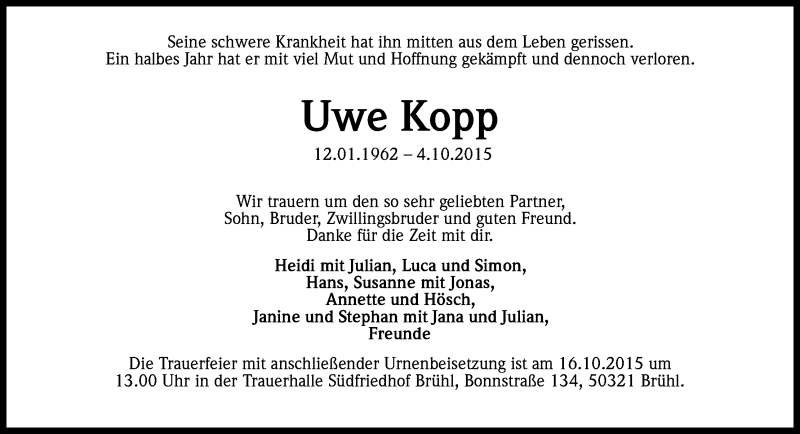  Traueranzeige für Uwe Kopp vom 10.10.2015 aus Kölner Stadt-Anzeiger / Kölnische Rundschau / Express