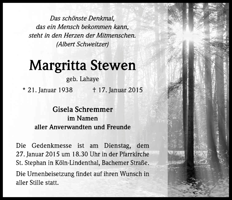  Traueranzeige für Margritta Stewen vom 24.01.2015 aus Kölner Stadt-Anzeiger / Kölnische Rundschau / Express