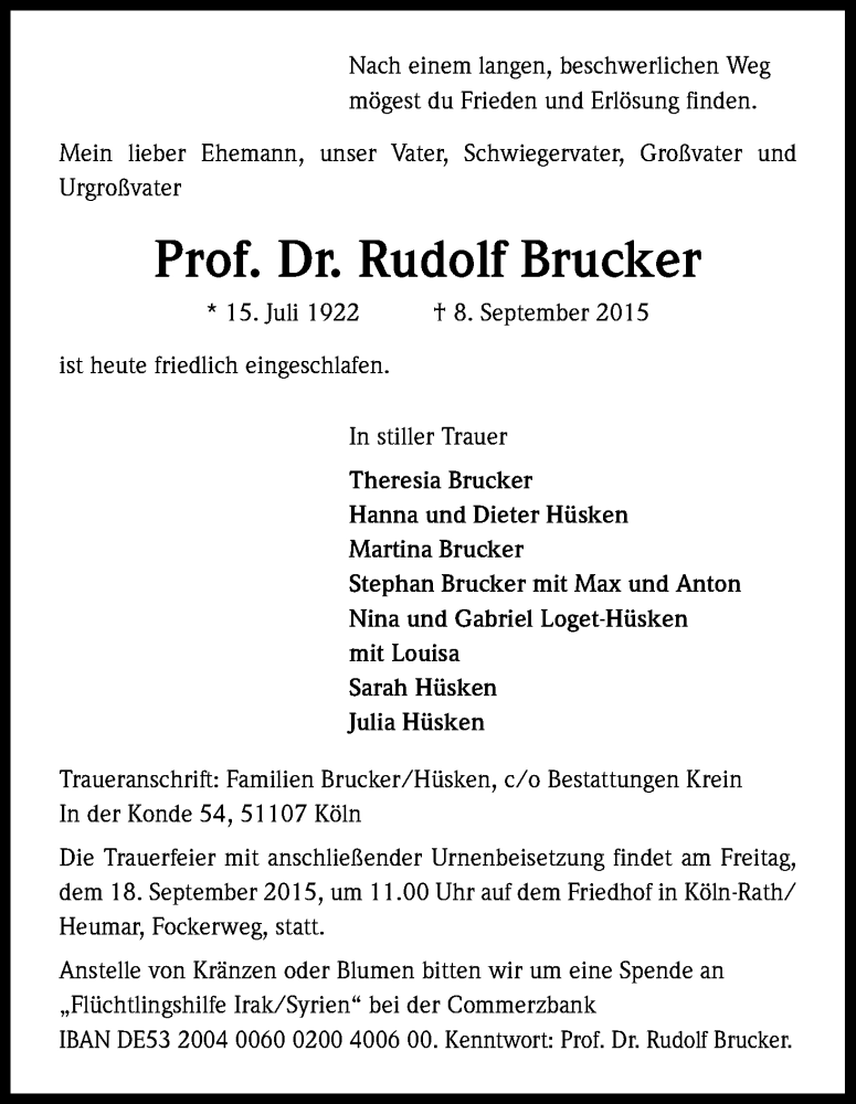  Traueranzeige für Rudolf Brucker vom 16.09.2015 aus Kölner Stadt-Anzeiger / Kölnische Rundschau / Express