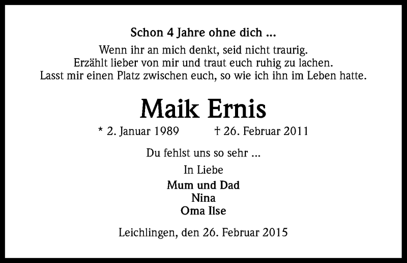  Traueranzeige für Maik Ernis vom 26.02.2015 aus Kölner Stadt-Anzeiger / Kölnische Rundschau / Express