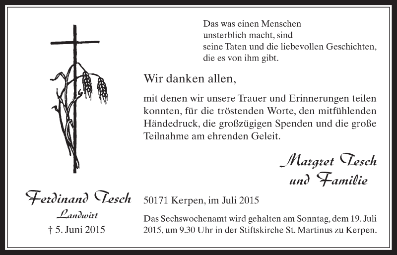  Traueranzeige für Ferdinand Tesch vom 08.07.2015 aus  Werbepost 