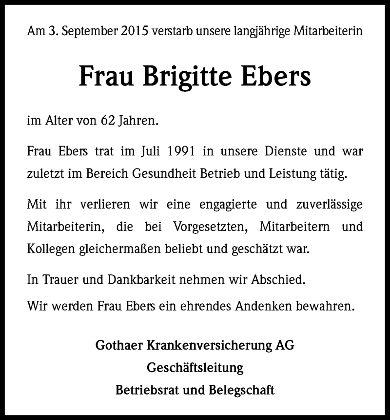 Traueranzeige für Brigitte Ebers vom 12.09.2015 aus Kölner Stadt-Anzeiger / Kölnische Rundschau / Express