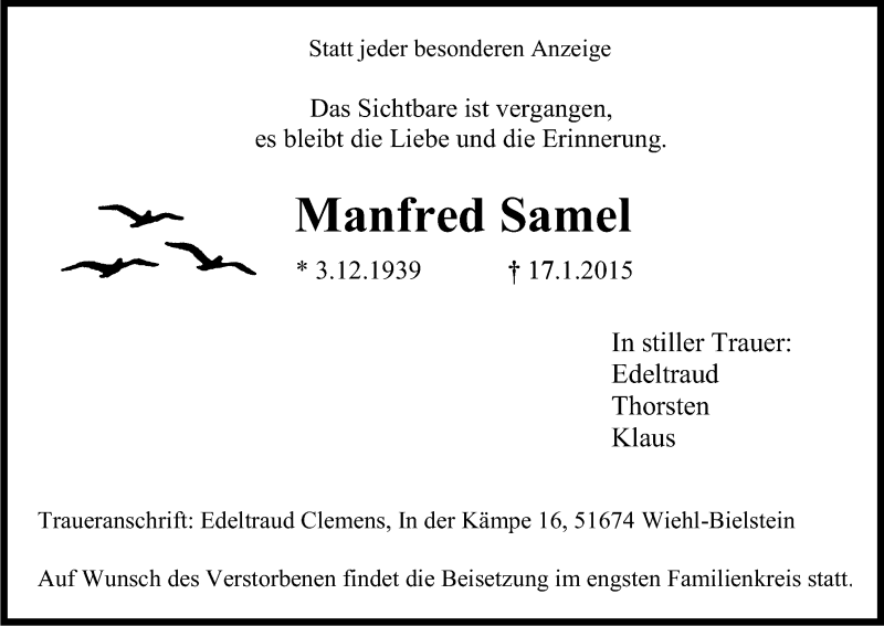  Traueranzeige für Manfred Samel vom 20.01.2015 aus Kölner Stadt-Anzeiger / Kölnische Rundschau / Express