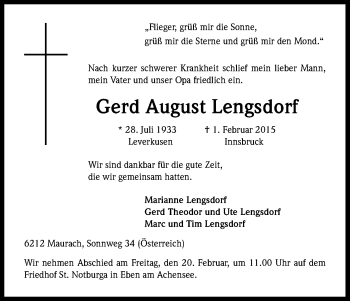 Anzeige von Gerd August Lengsdorf von Kölner Stadt-Anzeiger / Kölnische Rundschau / Express