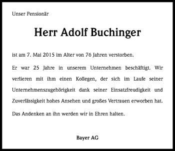 Anzeige von Adolf Buchinger von Kölner Stadt-Anzeiger / Kölnische Rundschau / Express