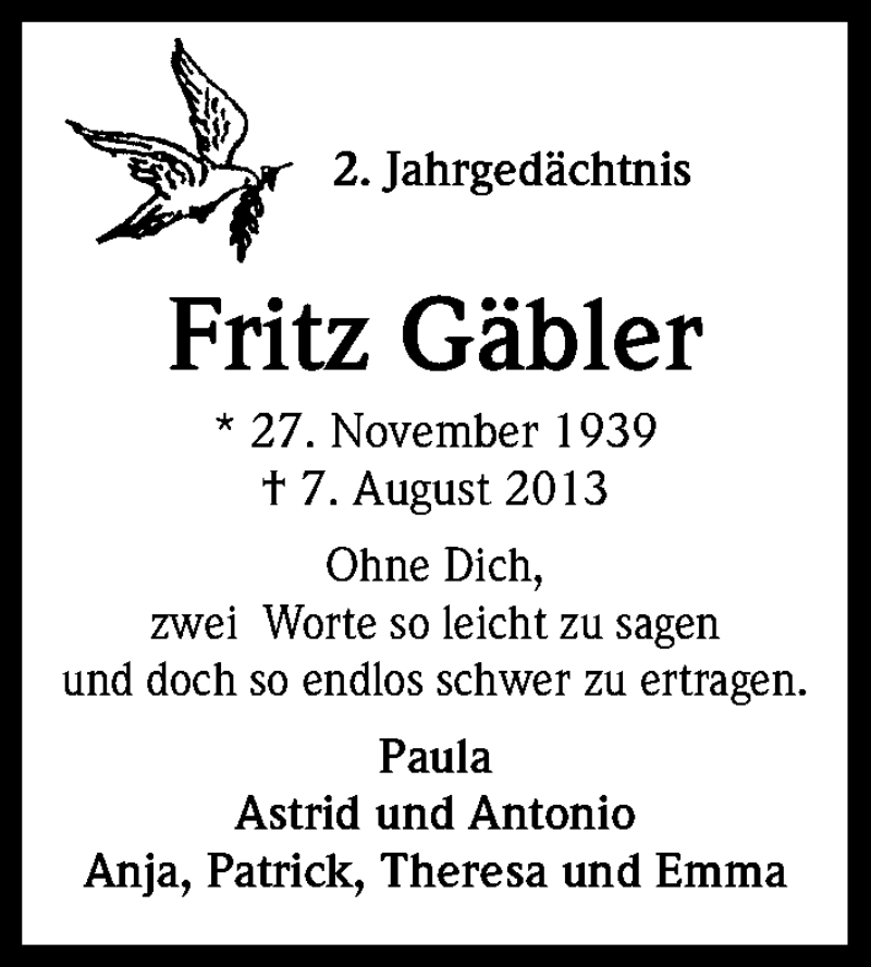 Traueranzeige für Fritz Gäbler vom 07.08.2015 aus Kölner Stadt-Anzeiger / Kölnische Rundschau / Express